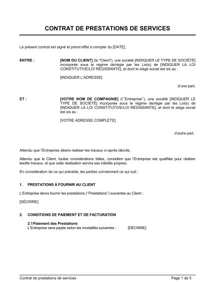 contrat de prestations modeles