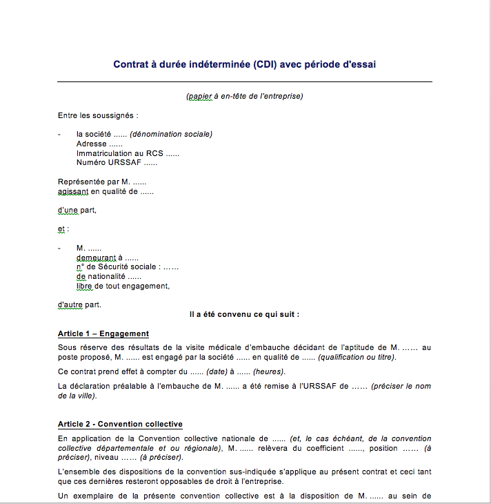 Exemple de contrat de travail periode d