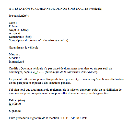 attestation de non sinistralite