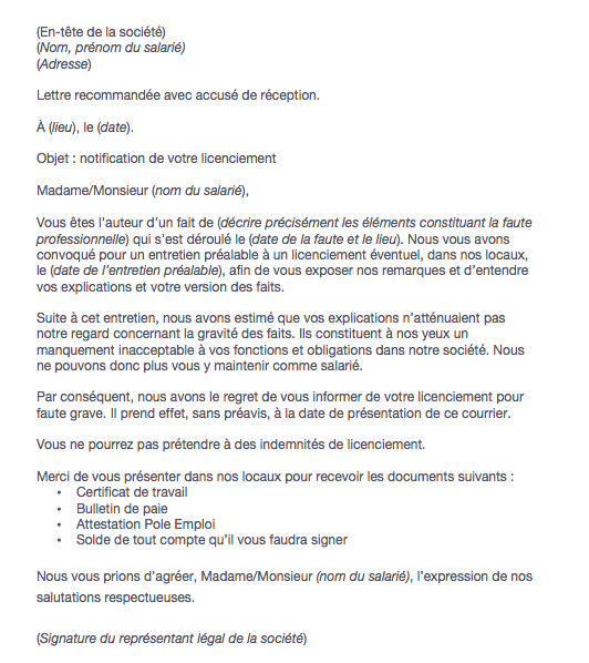 lettre de licenciement pour faute grave