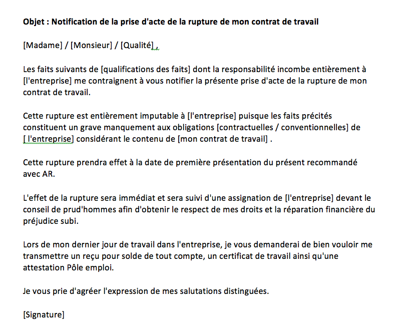 Lettre Prise D Acte De Rupture Du Contrat De Travail Mise A Jour 2021