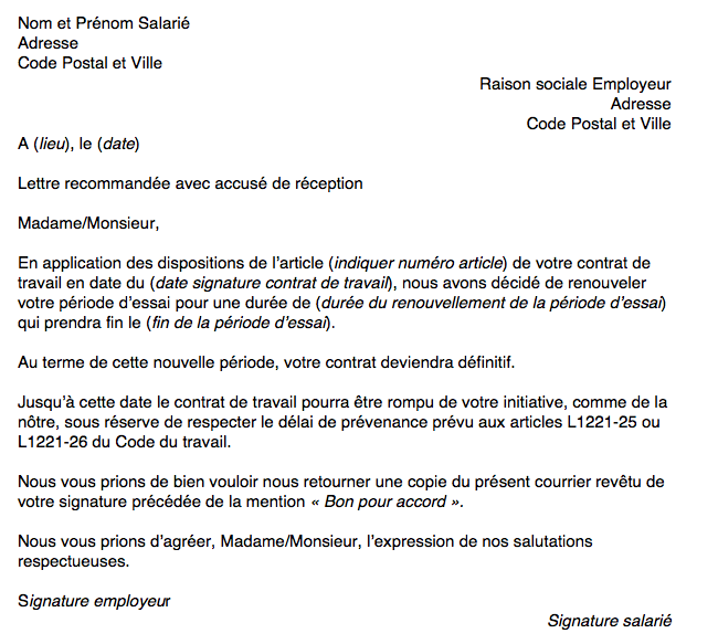 Lettre de renouvellement de période d'essai notre modèle (Mise à jour