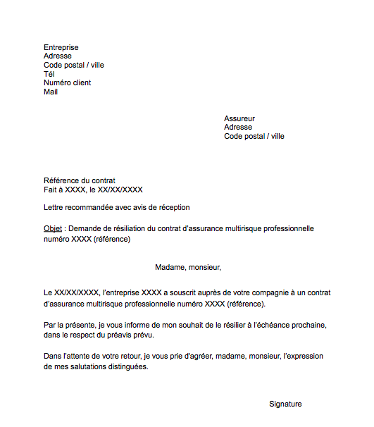 lettre resiliation assurance professionnelle