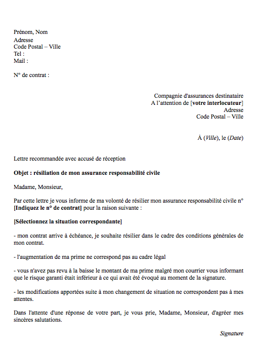 lettre resiliation rc pro