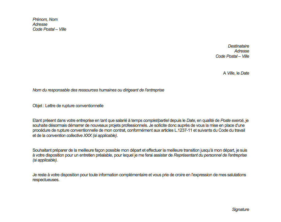 lettre type prise d'acte de rupture du contrat de travail