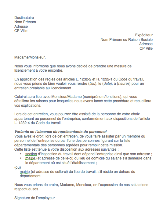 modele lettre convocation entretien prealable 1