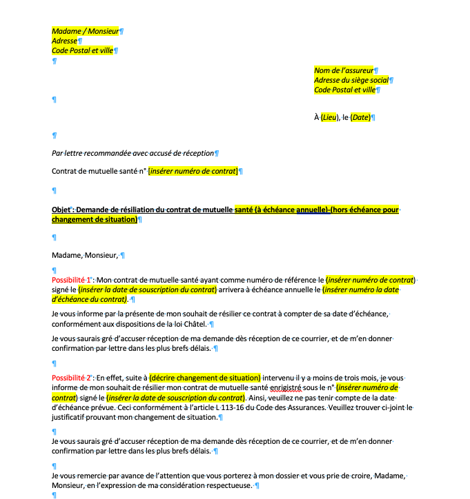 Lettre de changement de situation mutuelle