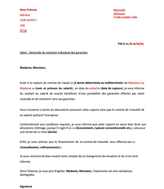 Modele lettre de demande de maintien individuel des garanties