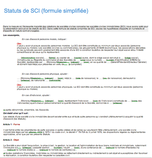 Modèle statuts sci format word