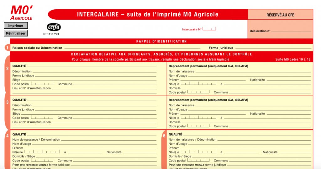 intercalaire m0 entreprise agricole