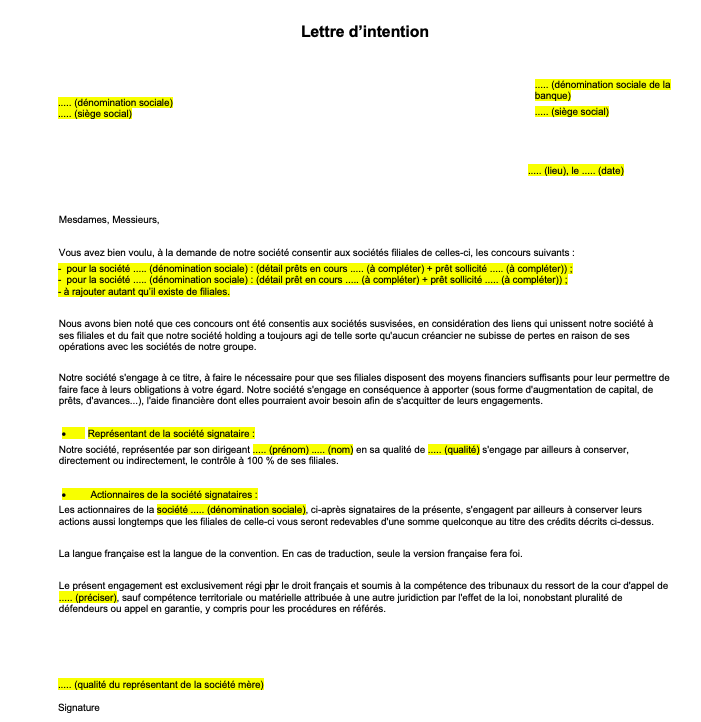 lettre dintention modele