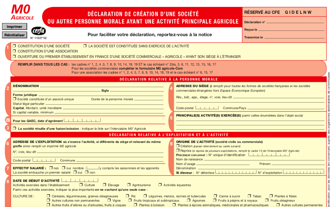 M0 Entreprise agricole  modèle CERFA (Mise à jour 2023)