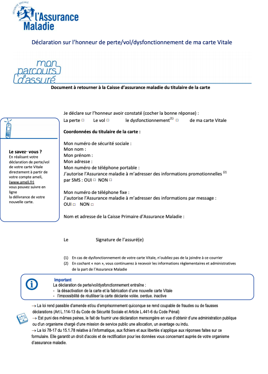 declaration de perte ou de vol carte vitale