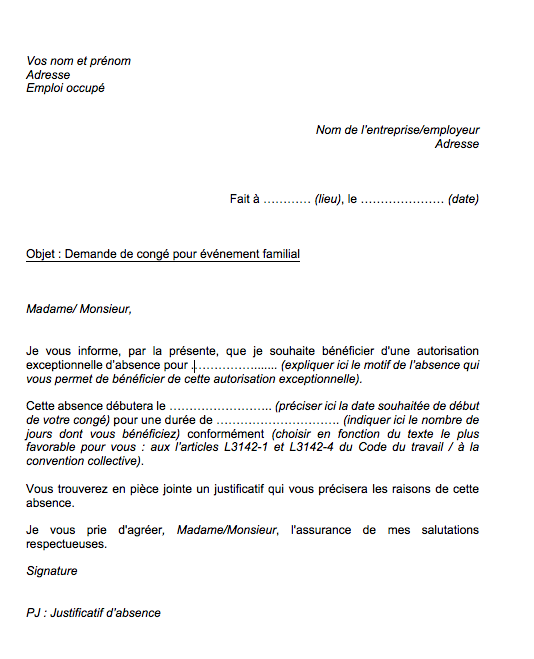 Lettre De Demande De Conge Pour Evenement Familial Notre Modele Gratuit Mise A Jour 2021