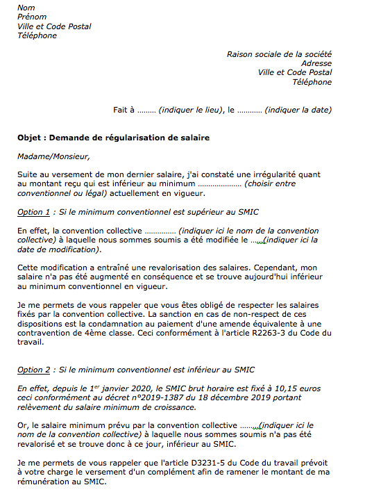 modele de lettre de demande de regularisation salaire