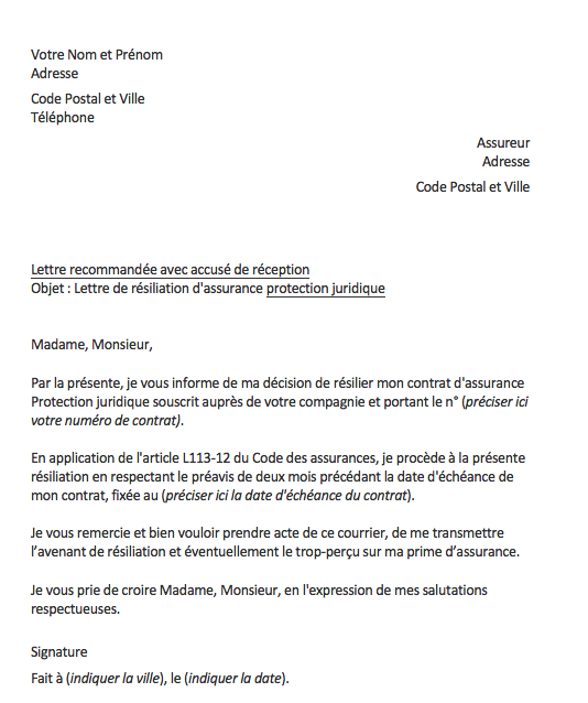 Lettre résiliation Protection Juridique notre modèle gratuit (Mise à