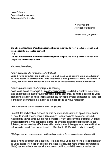 lettre licenciement inaptitude non professionnelle