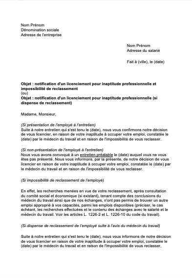 lettre licenciement inaptitude professionnelle