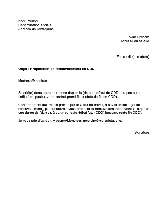 Modele de lettre pour renouvellement de période d