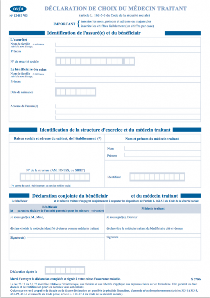 formulaire declaration medecin traitant