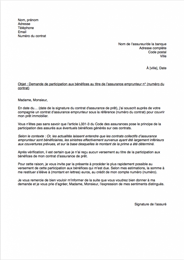 lettre type remboursement assurance pret immobilier