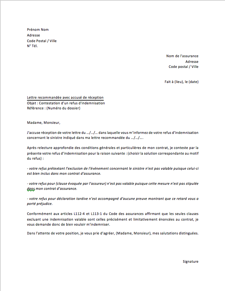 lettre contestation refus indemnisation assurance pret