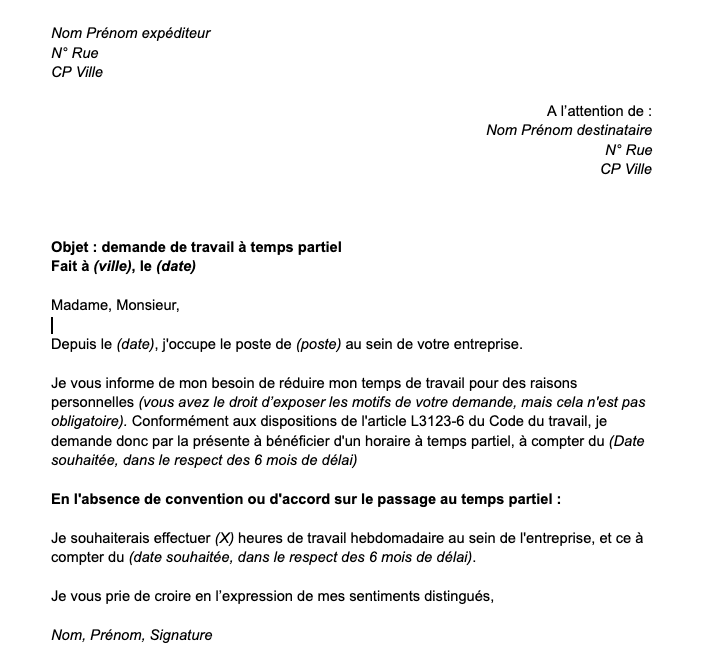 Lettre demande de passage à temps partiel modèle à télécharger (Mise