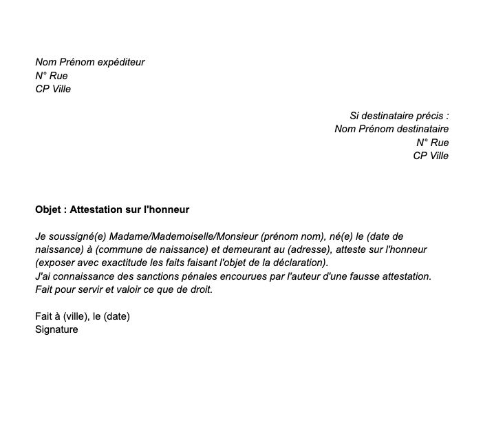 Attestation Sur L Honneur Modele A Telecharger Mise A Jour 2022