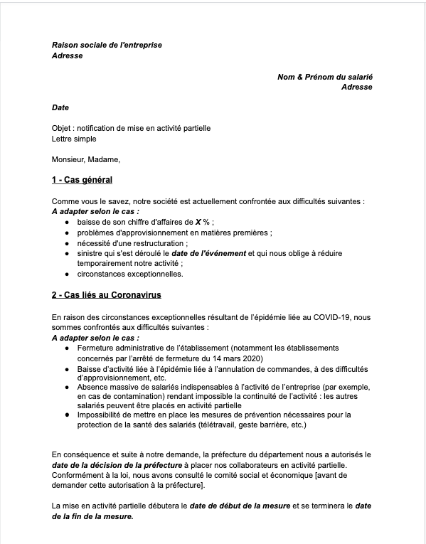 lettre passage chomage partiel