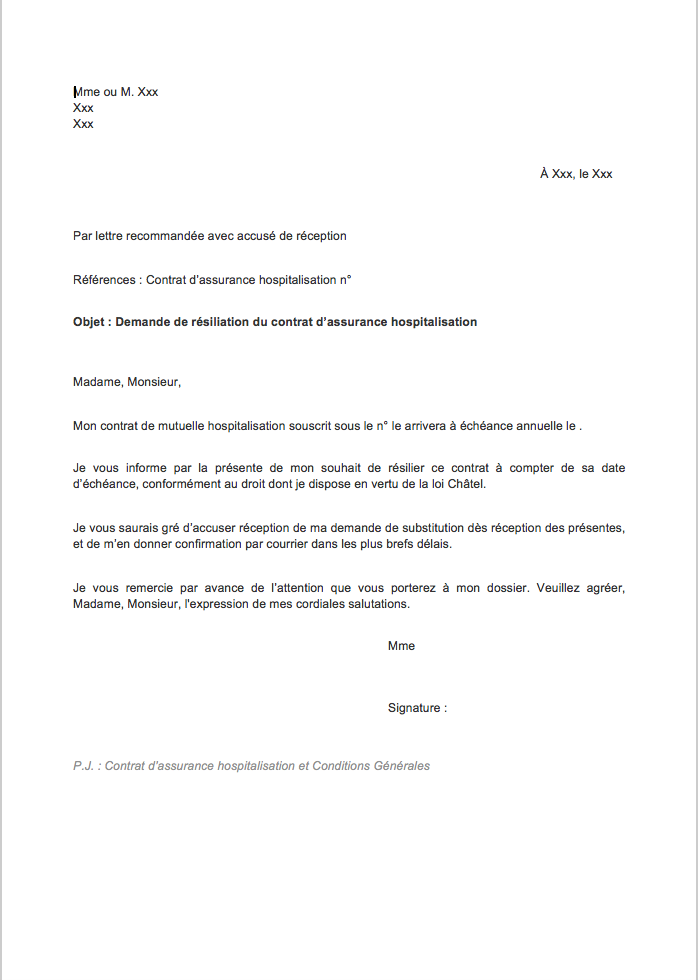 lettre de resiliation assurance hospitalisation