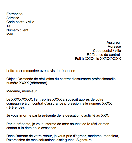 lettre resiliation contrat assurance professionnelle pour cessation activite