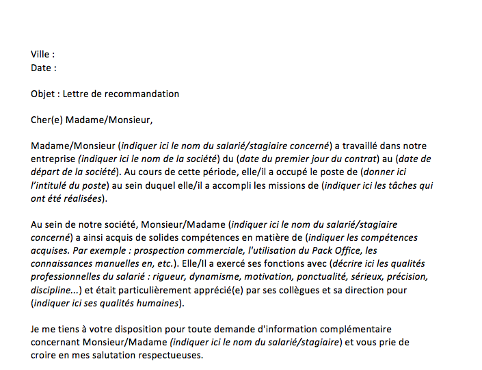 modele lettre de recommandation