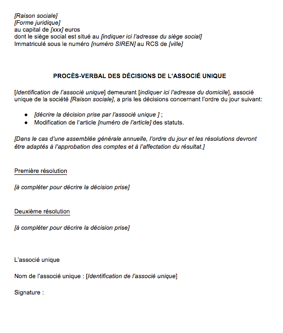 proces verbal des decision de lassocie unique