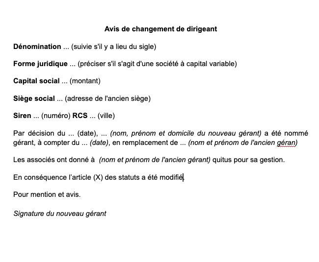 Modèle pv changement de gérant sarl