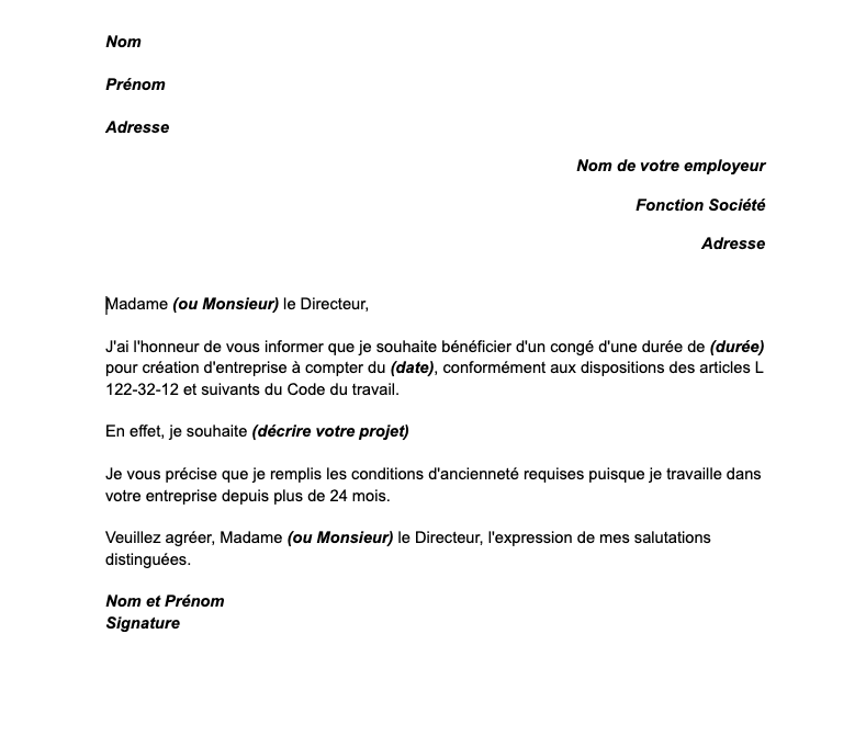 Modèle demande congé création d'entreprise