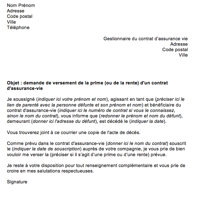 lettre demande versement assurance vie