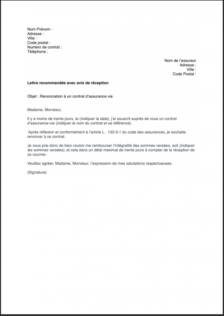 lettre retractation assurance vie