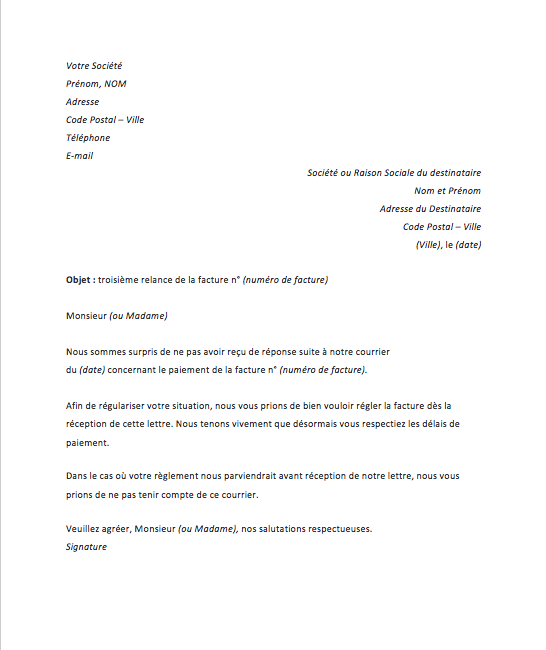 lettre troisieme relance pour facture impayee