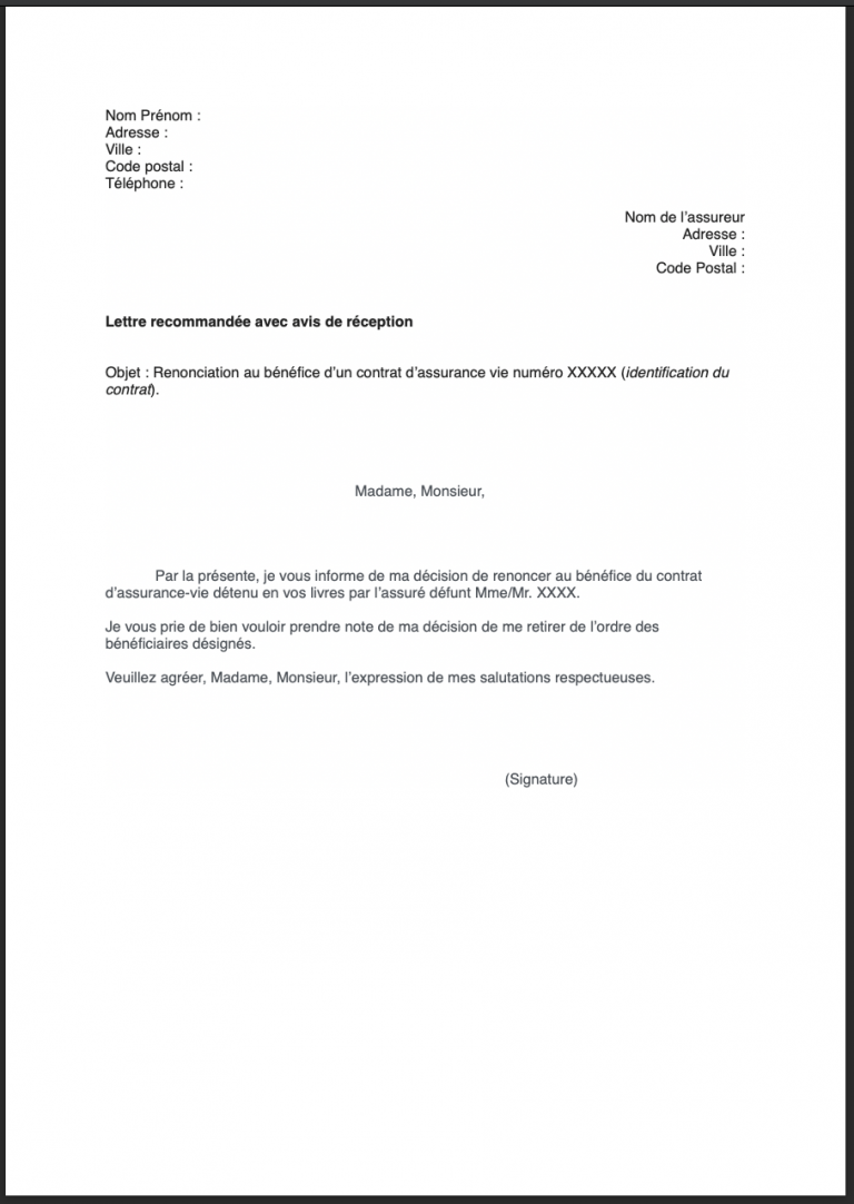 Exemple de document de renonciation à un bénéfice d'assurance-vie