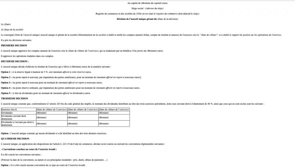 Modèle approbation des comptes EURL