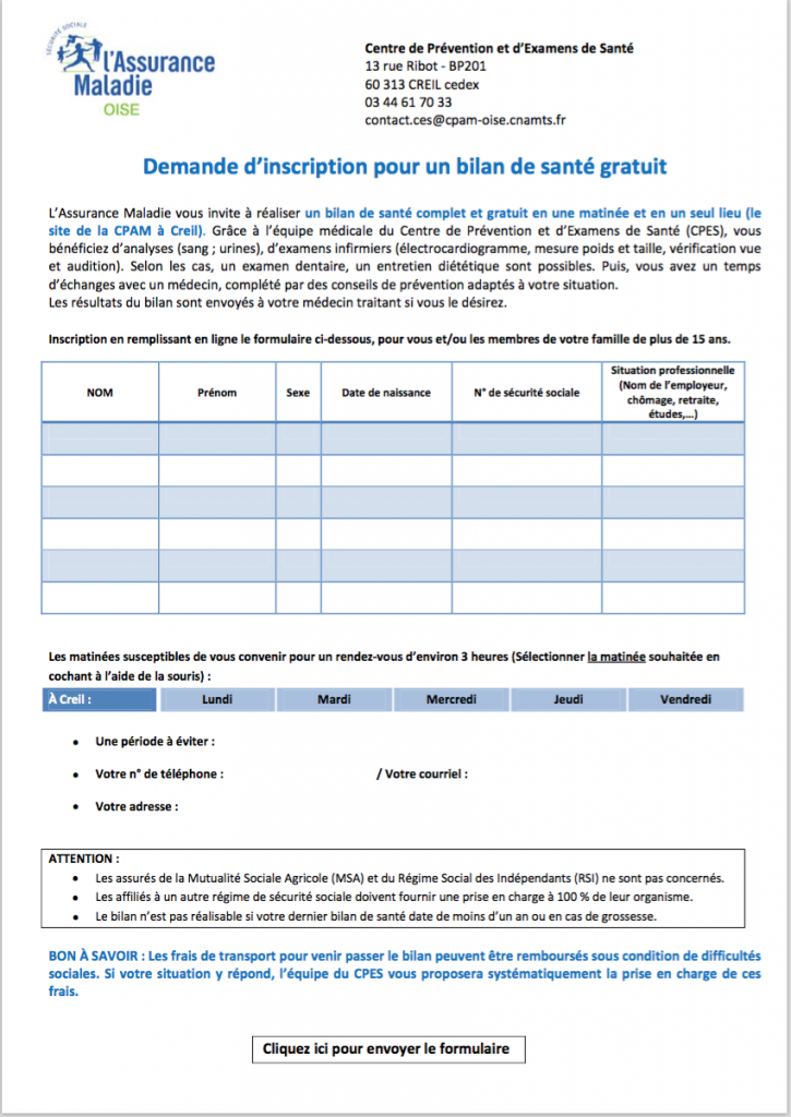 formulaire bilan de sante