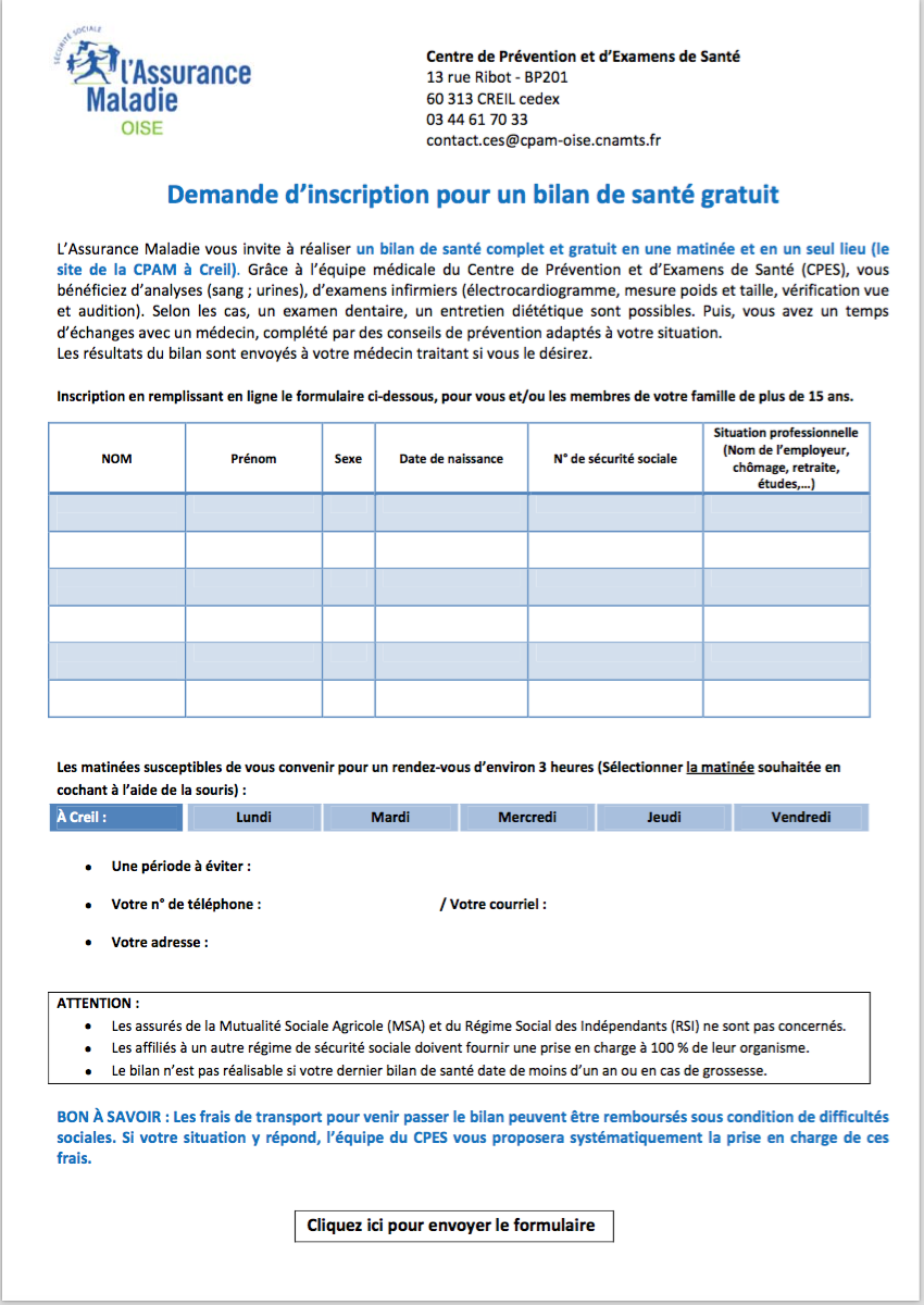 Formulaire bilan de santé CPAM : le document officiel