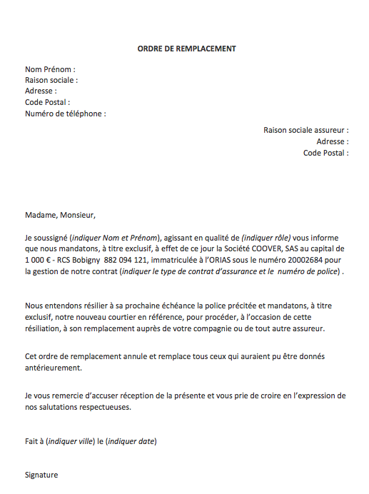 modele ordre de remplacement courtage