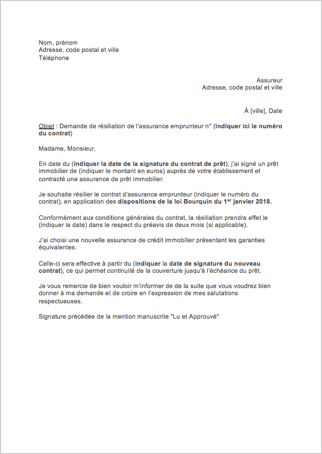 lettre resiliation assurance pret immobilier loi bourquin