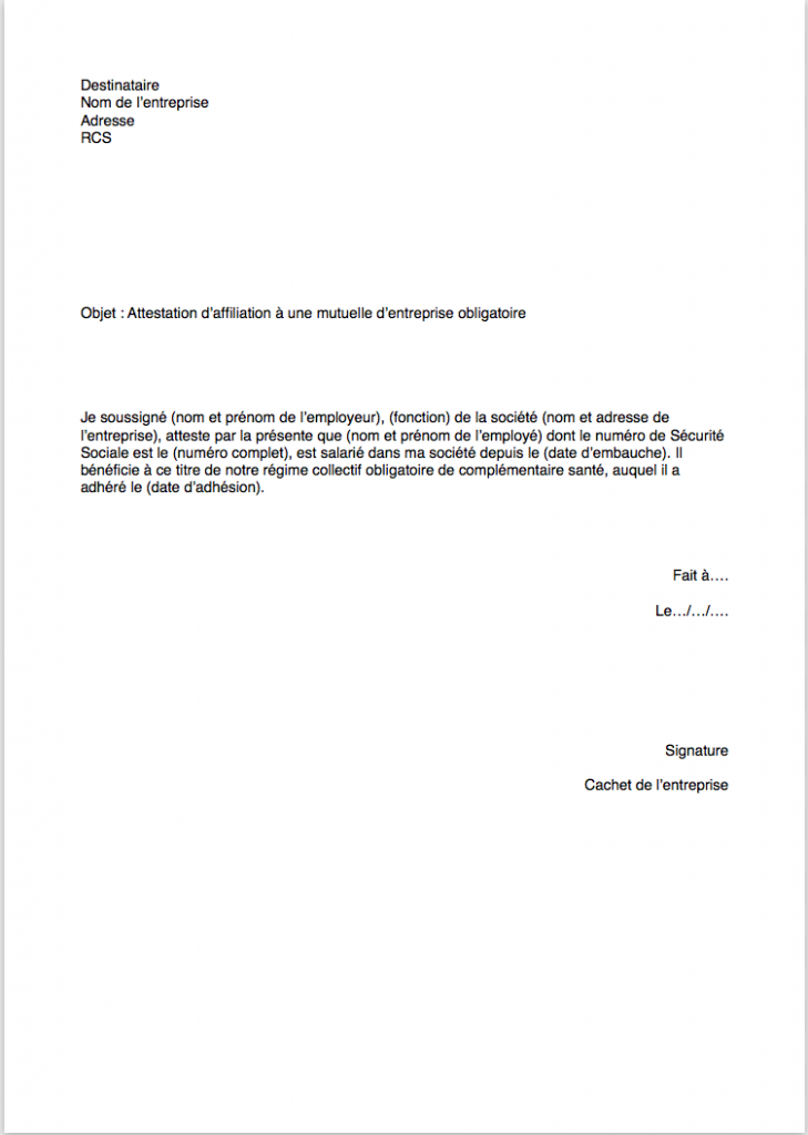 modele attestation employeur mutuelle obligatoire 1