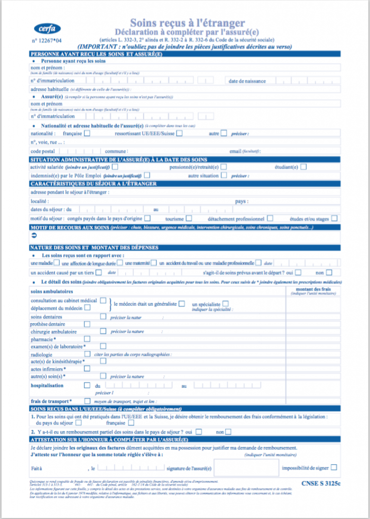 s315 formulaire remboursement soins etranger