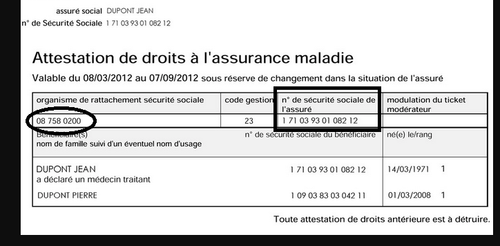 attestation de droits securite sociale code organisme rattachement