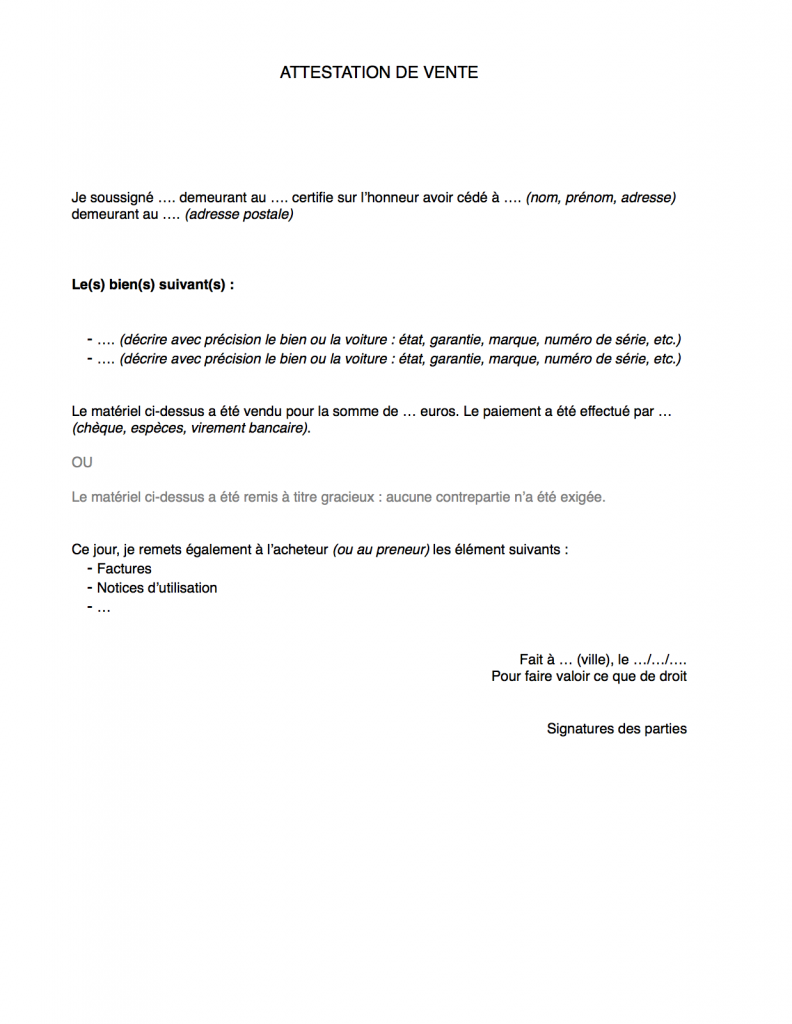 attestation de vente