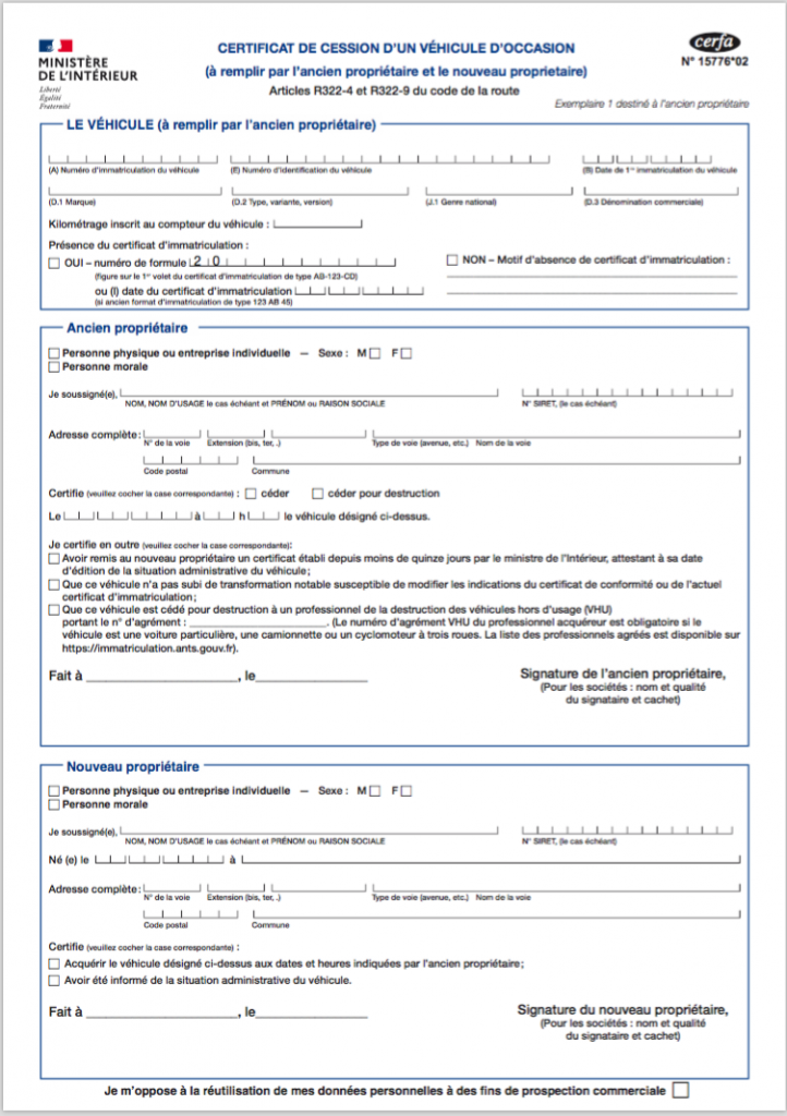 attestation de vente vehicule formulaire