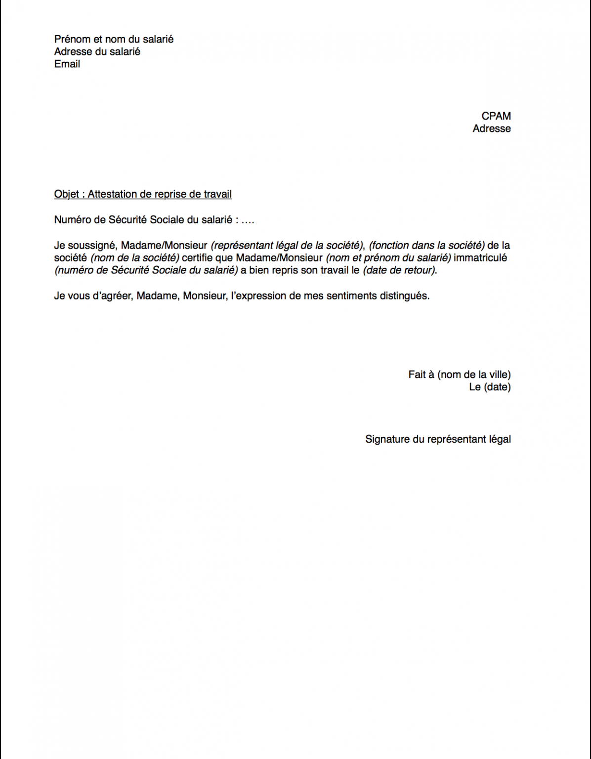 Attestation de reprise de travail  notre modèle gratuit (Mise à jour 2023)